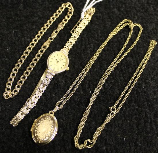 Ladies 9ct gold Rotary wristwatch, 9ct gold curb-link chain bracelet & 9ct gold oval locket on chain